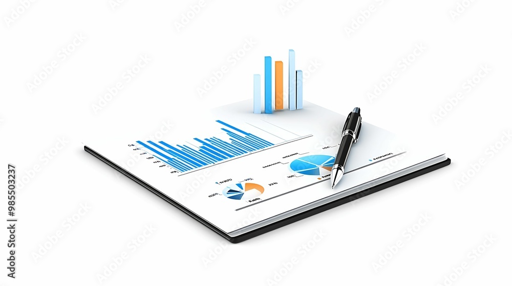 Aufkleber a pen rests on a report featuring colorful charts, illustrating data analysis with vibrant graphs an