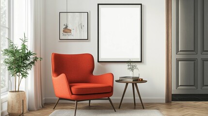 Fototapeta premium Scandinavian Interior Design of a Modern Living Room Featuring a Vibrant Color Premium Sitting Chair