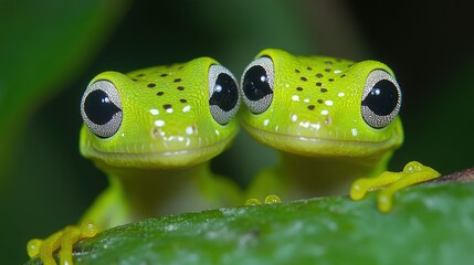 Two Green Frogs with Big Eyes Looking at the Camera