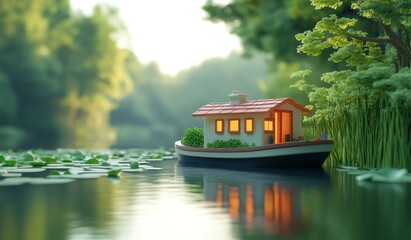 Fototapeta na wymiar Serene Boat House Amid Lush Greenery On Tranquil River At Sunset