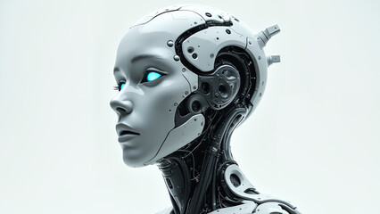 cybernetically enhanced human head The subject is a young man with a pale glowing blue eyes that give it a haunting  black and white digital illustration in a cyberpunk style