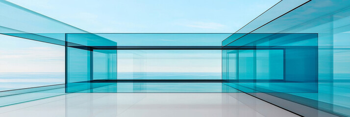 Fototapeta premium Abstract room with glass walls and a view of the horizon.