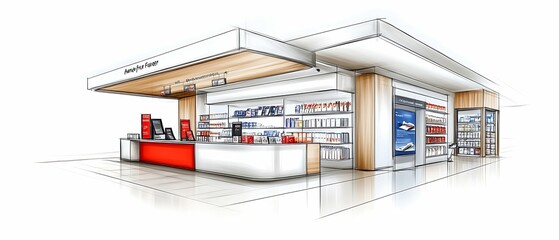A modern retail kiosk featuring a bright, inviting design with product displays and a streamlined checkout area.
