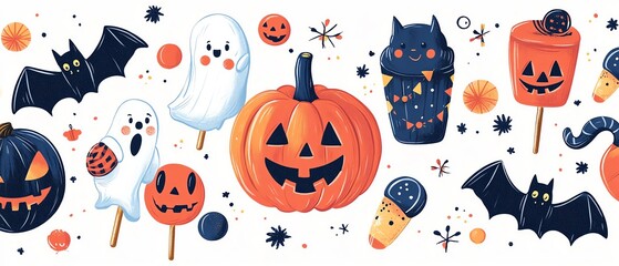 Adorable kawaii Halloween candies and lollipops featuring bats, pumpkins, and ghosts, with a playful and colorful design