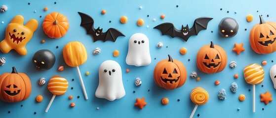 Naklejka premium Adorable kawaii Halloween candies and lollipops featuring bats, pumpkins, and ghosts, with a playful and colorful design