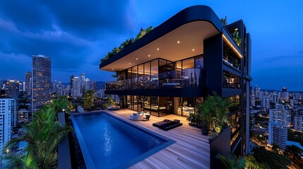 Fototapeta premium Modern Rooftop Luxury Villa with City Skyline View
