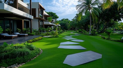 Obraz premium Tranquil Resort Garden with Modern Pathway Design