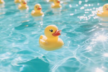 Bright yellow rubber ducks float in a serene blue pool. A playful scene evokes joy and childhood memories. Ideal for summer themes and playful designs. Generative AI