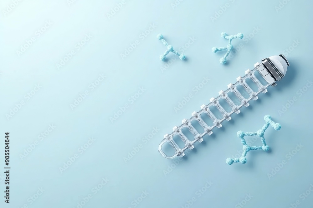 Poster a futuristic dna sequencer lying flat on a glossy surface, symbolizing the process of decoding genes