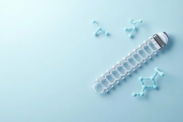 Blue Light Patterns. DNA model, laboratory experiment with molecular structures, scientific research background for education, biotechnology, healthcare, medical study, light blue clean color scheme