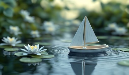 Serene Lake With Toy Sailboat and Water Lilies At Sunset
