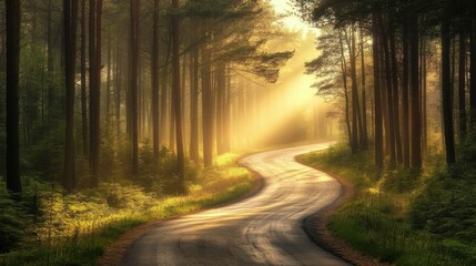 Fototapeta premium Winding road through dense pine forest, morning mist creating a mystical atmosphere