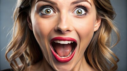 Astonished woman's mouth hangs agape, teeth aligned in a shocking vista, lit by the warm glow of natural