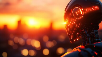 A futuristic robot silhouette against a stunning sunset, showcasing advanced technology and vibrant colors in a serene urban setting.