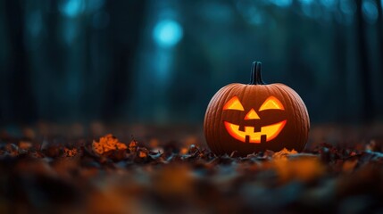 A glowing Halloween pumpkin sits amidst fallen leaves, creating a spooky and festive atmosphere in a dimly lit forest.