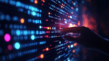 A hand reaches towards a digital interface, showcasing vivid data patterns and glowing lights, representing technology and innovation.