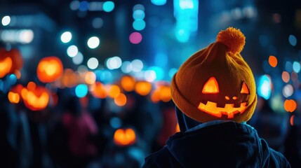 Naklejka premium A person wearing a playful pumpkin hat during a festive nighttime celebration, with glowing pumpkins lighting the scene.
