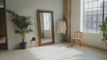 Photo of standing mirror with chair in the corner, beige wooden floor, table for shoes, plants and window.