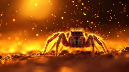 A striking close-up of a spider illuminated by warm sunlight, showcasing intricate details and vibrant colors in a captivating environment.