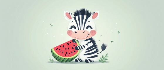 Cute cartoon vector of a zebra with a watermelon in his hand, looking at it with joy, set on a light green background, minimalist design