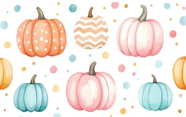 Cute handdrawn pumpkins featuring pastel stripes, polka dots, and chevron patterns, in pink, mint, light blue, and orange, with varied textures, on a solid white background