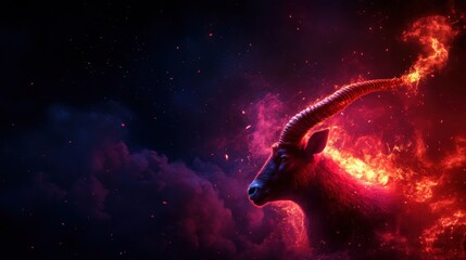 Fototapeta premium A vivid and surreal depiction of a bull, surrounded by colorful cosmic flames against a dark backdrop, evoking power and mystique.