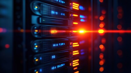 Naklejka premium Close-up view of illuminated server equipment in a data center, showcasing the advanced technology and networking capabilities.