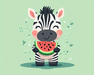 Minimalist vector of a happy zebra holding a watermelon in the center, light green background, simple and cute cartoon style