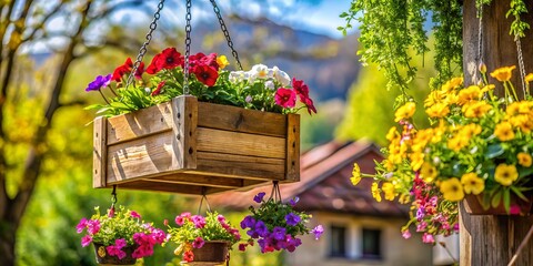 A delightful flower box brimming with vivid blooms adds a charming touch to a rustic garden, creating a