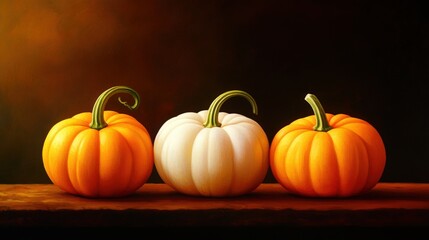 Three beautiful pumpkins, featuring vibrant orange and a unique white one, perfect for autumn and harvest-themed projects.