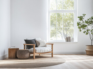 Bright and airy living room featuring a cozy armchair and natural elements during daytime