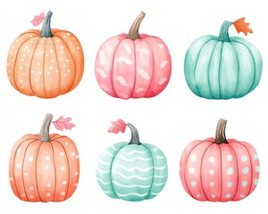 Playful handdrawn pumpkins with pastel stripes, polka dots, and chevrons in shades of pink, mint, light blue, and orange, each with unique textures, on a white background