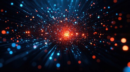 Fototapeta premium Vibrant particles burst and illuminate the dark space, creating a dynamic visual effect of energy and motion.