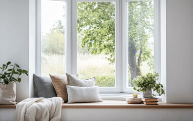 Cozy window seat with decorative pillows and plants overlooking a serene landscape on a rainy day