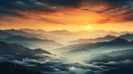 Scenic background with a blurred image of a beautiful mountain landscape, featuring soft light rays and natural colors, providing a serene and inspiring atmosphere for nature-related presentations