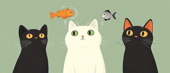 Simple vector illustration of two cats, with one large white cat thinking about fish in a thought bubble, looking upwards on a light green background, minimalist design