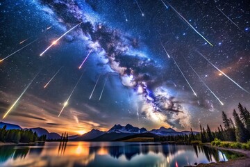 Aurora-like spectacle of blazing meteors illuminates the dark canvas of the night sky, a breathtaking display of fire