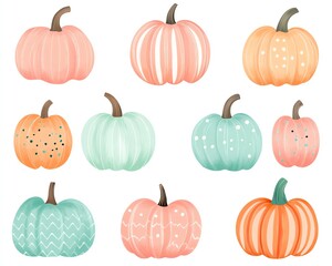 Whimsical handdrawn pumpkins with varied textures and pastel patterns like stripes, polka dots, and chevrons, in pink, mint, light blue, and orange, on a white background