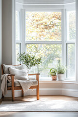 Cozy reading nook with plants by large windows in a sunlit room during autumn in a modern home