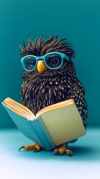 Owl with blue glasses reading a book on a turquoise background,