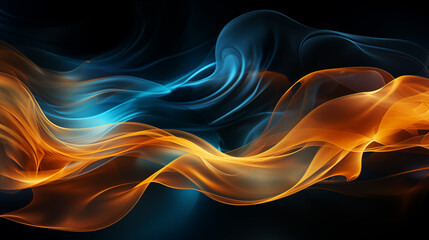 Deep blue and gold smoke wisps merging together, creating a striking contrast of cool and warm tones, with abstract forms and flowing lines, perfect for a dramatic and elegant background