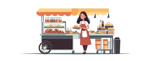Obraz premium Flat illustration of a man street vendor selling coffee, wearing an apron and standing by a vending cart, on a white background