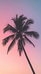Palm trees silhouetted against a pink and purple sunset sky. Tropical landscape during twilight. Design for wallpaper, poster, print, and banner