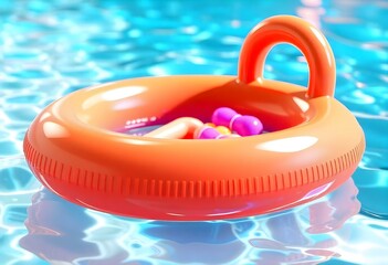 Bright orange inflatable pool ring floating in a swimming pool filled with floating toys