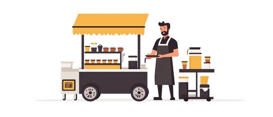 Illustration of a man street vendor with a coffee cart and apron, flat style on a white background, minimalistic and eyecatching