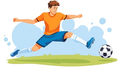 Naklejka premium Boy kicking a football, dynamic movement, transparent background, flat design illustration