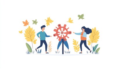 Fototapeta premium Illustration of three people playing with a wheel spinner, flat style on a white background, minimalistic and clear design