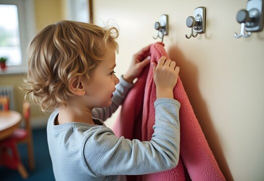 Young child hanging up a towel on a hook, practicing independence in a classroom setting