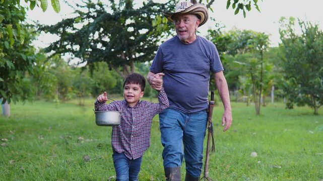 Ni&ntilde;o y su abuelo camino al cultivo de limones donde recolectan limones para hacer una limonada en familia.
