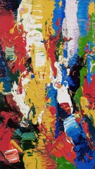 Naklejka premium Abstract colorful splashes of paint on a canvas with bold strokes. Close-up view of vibrant acrylic paint textures. Modern art concept for design and print.